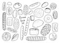 Vector fresh drawn bread on a white background. set of black line doodles of various types of bread loaves and tortillas Royalty Free Stock Photo