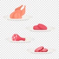 Vector Fresh Pieces of Raw Meat, Chicken, Sausage, Ham, Steak on Plate Icon Set Isolated in Cartoon Style. Food, BBQ Royalty Free Stock Photo