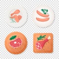 Vector Fresh Pieces of Raw Meat, Chicken Wing, Drumstick, Sausage, Tenderloin Fillet, Ham, Greens on Plate, Cutting Royalty Free Stock Photo