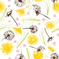 Vector fresh retro floral dandelions blowballs and daisies seamless pattern background