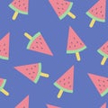 Vector Fresh Slice of Watermelon Seamless Pattern on Blue Background Royalty Free Stock Photo