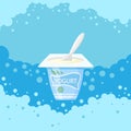 Vector fresh yogurt container and plastic spoon on blue bubble background