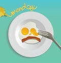 Vector Fried Egg on white plate, fried egg with monday word.