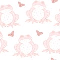 Vector Frogs with Butterflies in Pink seamless pattern background.