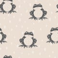 Vector Frogs on Spots in Beige seamless pattern background.