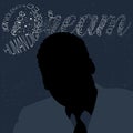 A vector frontal silhouette illustration of Dr. Martin Luther King, Jr., in the foreground with a typography artwork of the word D