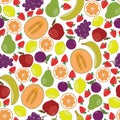 Vector Fruit Apples Oranges Grapes Strawberries Pears Bananas Cantaloupe Lemons Plums on White Seamless Repeat Pattern Royalty Free Stock Photo