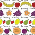 Vector Fruit Apples Oranges Grapes Strawberries Pears Bananas Cantaloupe Lemons Plums on White Seamless Repeat Pattern Royalty Free Stock Photo