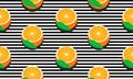 Seamless background with black stripes and half oranges with dark shadow.