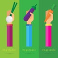 Vector fruit hand arm food illustration set Onion eggplant carrots b