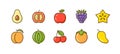 Vector fruit icon set pictogram. Cherry peach avocado mango illustration