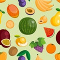 Vector fruits exotic apple, banana and papaya flat style illustration. Fresh fruity slices tropical dragonfruit or juicy Royalty Free Stock Photo