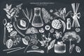 Vector fruits and flowers collection. Hand drawn outlines. Vintage perfumery and cosmetics ingredients set. Aromatic and medicinal