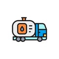 Vector fuel truck, car with oil tank, water transfer flat color line icon. Royalty Free Stock Photo