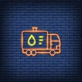Vector fuel truck, car with oil tank, water transfer, transportation neon sign. Royalty Free Stock Photo