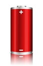 Vector full charge abstract red power battery. Realistic illustration on transparent background.