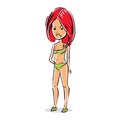 Vector full-length portrait of beautiful sad red-haired lady. Ca