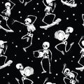 Vector fun black and white dancing and skateboarding skeletons Haloween repeat pattern background. Great for spooky fun