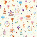 Vector Fun Fair, Carrousel, Hot air Balloons and Ferris wheels seamless pattern background