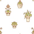 Vector Fun Kawaii House Plants in Terracotta Pots on White seamless pattern background. Perfect for fabric, scrapbooking