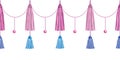 Vector Fun Pink Decorative Long Tassels Set Horizontal Seamless Repeat Border Pattern. Great for handmade cards