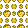 Vector fun seamless pattern with repeat bright pizzas on the white background Royalty Free Stock Photo