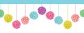 Vector Fun Set of Hanging Pastel Colorful Birthday Party Paper Pom Poms Set Horizontal Seamless Repeat Border Pattern