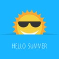 Vector Fun Shiny Background With Written Text `Hello Summer`. Bright Poster With Sun And Sunglasses On Blue Sky Backdrop