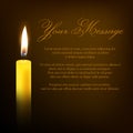 Vector funeral card with single 3d realistic yellow orange paraffin wax burning candle closeup on dark black background