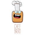 Vector funky cartoon smiling toast bread chef character with white chef hat isolated on white background. Bakery or kids