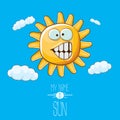 Vector funky cartoon style summer sun character on blue sky background. My name is sun concept illustration. funky kids Royalty Free Stock Photo