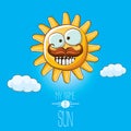 Vector funky cartoon style summer sun character on blue sky background. My name is sun concept illustration. funky kids Royalty Free Stock Photo