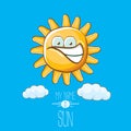 Vector funky cartoon style summer sun character on blue sky background. My name is sun concept illustration. funky kids Royalty Free Stock Photo