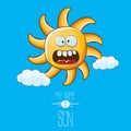 Vector funky cartoon style summer sun character on blue sky background. My name is sun concept illustration. funky kids Royalty Free Stock Photo