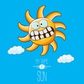 Vector funky cartoon style summer sun character on blue sky background. My name is sun concept illustration. funky kids Royalty Free Stock Photo