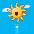 Vector funky cartoon style summer sun character on blue sky background. My name is sun concept illustration. funky kids Royalty Free Stock Photo