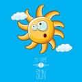 Vector funky cartoon style summer sun character on blue sky background. My name is sun concept illustration. funky kids Royalty Free Stock Photo