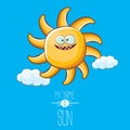 Vector funky cartoon style summer sun character on blue sky background. My name is sun concept illustration. funky kids Royalty Free Stock Photo