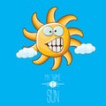 Vector funky cartoon style summer sun character on blue sky background. My name is sun concept illustration. funky kids Royalty Free Stock Photo