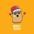 Vector funky comic cartoon cute brown smiling santa claus potato with red santa hat and calligraphic merry christmas Royalty Free Stock Photo