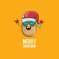 Vector funky comic cartoon cute brown smiling santa claus potato with red santa hat and calligraphic merry christmas Royalty Free Stock Photo