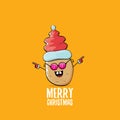 Vector funky comic cartoon cute brown smiling santa claus potato with red santa hat and calligraphic merry christmas Royalty Free Stock Photo