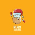 Vector funky comic cartoon cute brown smiling santa claus potato with red santa hat and calligraphic merry christmas Royalty Free Stock Photo