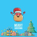 Vector funky comic cartoon cute brown smiling santa claus potato with red santa hat, gifts, tree and calligraphic merry Royalty Free Stock Photo