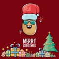 Vector funky comic cartoon cute brown smiling santa claus potato with red santa hat, gifts, tree and calligraphic merry Royalty Free Stock Photo