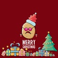 Vector funky comic cartoon cute brown smiling santa claus potato with red santa hat, gifts, tree and calligraphic merry Royalty Free Stock Photo