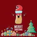 Vector funky comic cartoon cute brown smiling santa claus potato with red santa hat, gifts, tree and calligraphic merry Royalty Free Stock Photo