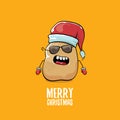 Vector funky comic cartoon cute brown smiling santa claus potato with red santa hat and calligraphic merry christmas Royalty Free Stock Photo