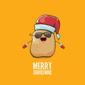 Vector funky comic cartoon cute brown smiling santa claus potato with red santa hat and calligraphic merry christmas Royalty Free Stock Photo