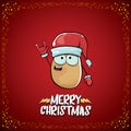 Vector funky comic cartoon cute brown smiling santa claus potato with red santa hat and cartoon merry christmas text Royalty Free Stock Photo